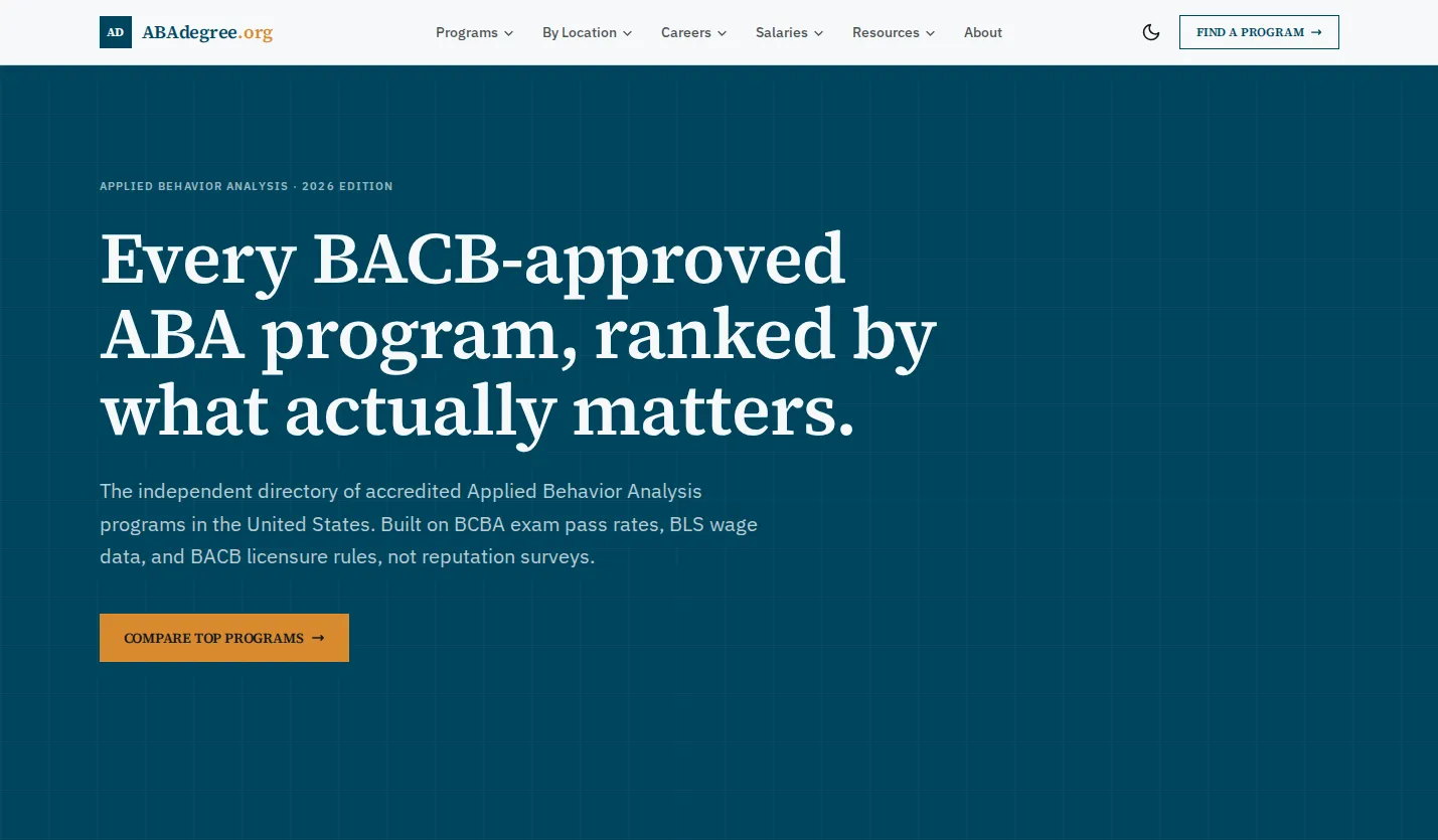 ABAdegree.org homepage with the headline Every BACB-approved ABA program ranked by what actually matters, over a deep teal hero