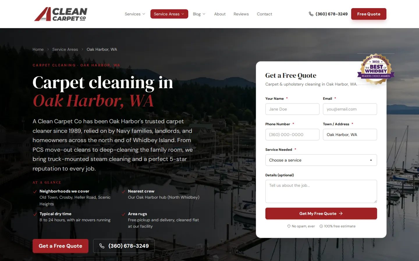 A Clean Carpet Co Oak Harbor service area page with the marina at dusk behind the headline, local neighborhoods listed at a glance, and the Best of Whidbey 2025 award badge