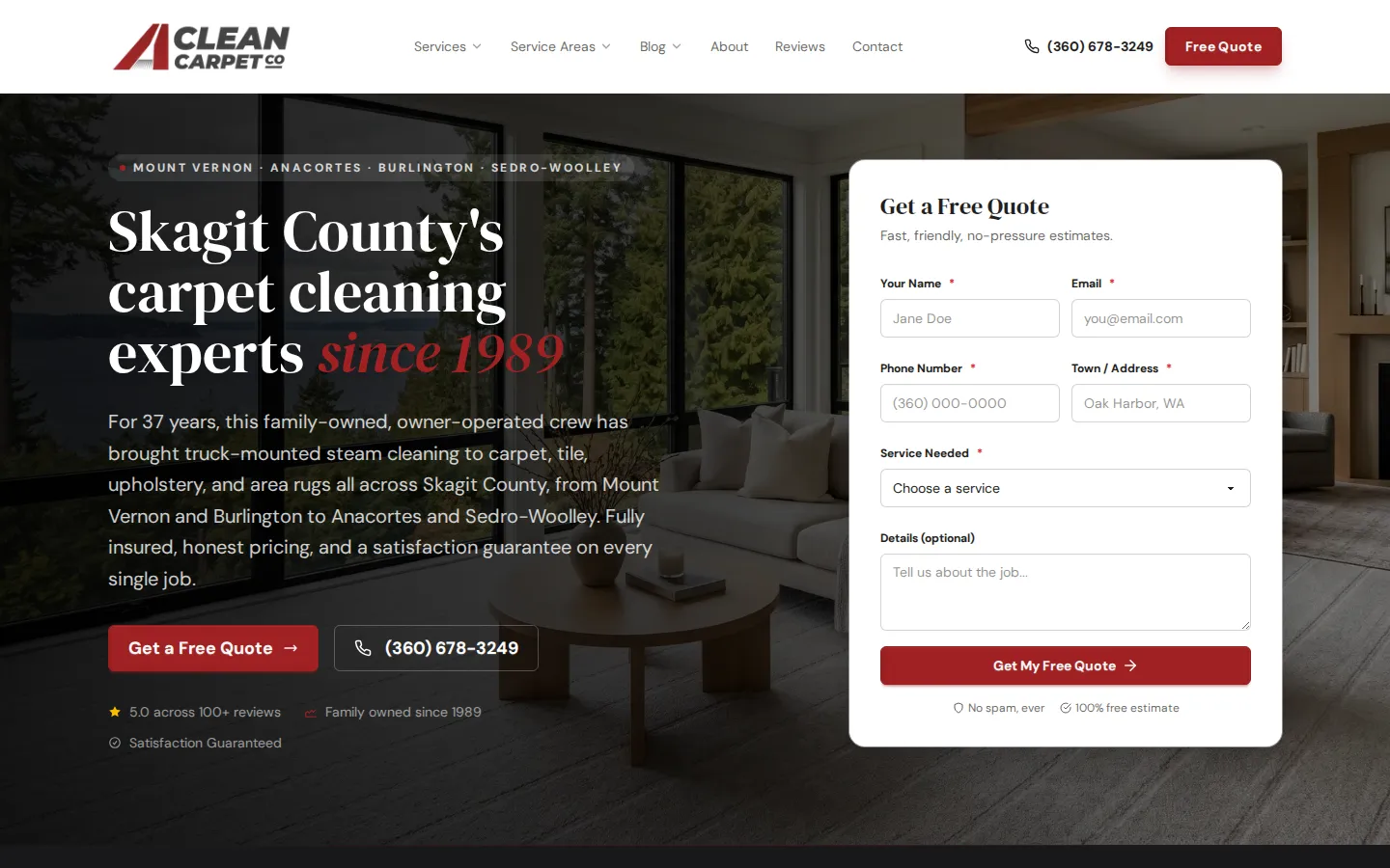 A Clean Carpet Co homepage showing a sunlit living room with a view of the water, the headline Skagit County's carpet cleaning experts since 1989, and a quote form beside it