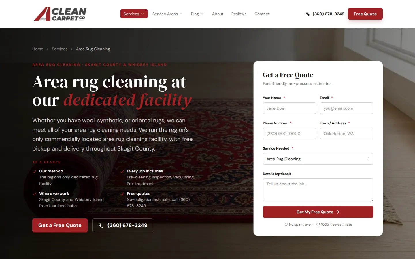 A Clean Carpet Co area rug cleaning page with a rolled oriental rug in the background, an at-a-glance list of what the job includes, and a quote form pre-set to area rug cleaning