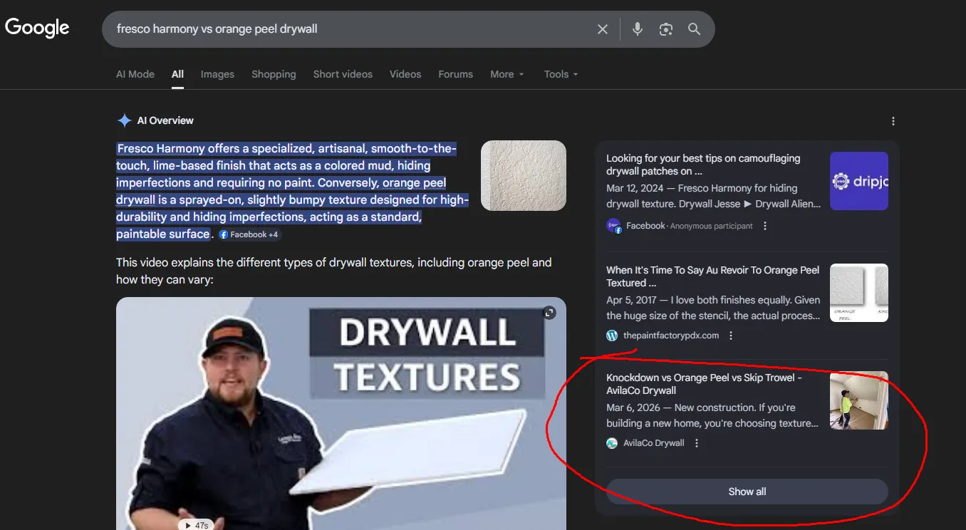 AvilaCo Drywall blog post appearing in Google search results for fresco harmony vs orange peel drywall