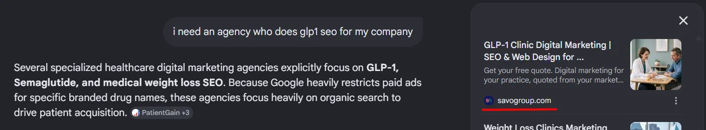 AI answer to the question i need an agency who does glp1 seo for my company, citing savogroup.com as its source