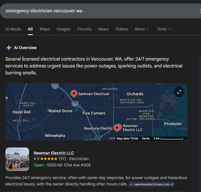 Newman Electric cited in Google AI Overview for emergency electrician vancouver wa