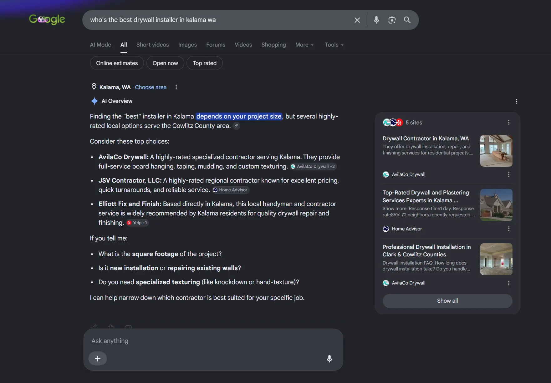 Google AI Overview from an incognito search for best drywall installer in Kalama WA, listing Savo Group client AvilaCo Drywall first for drywall hanging, taping, mudding, and texturing in Cowlitz County