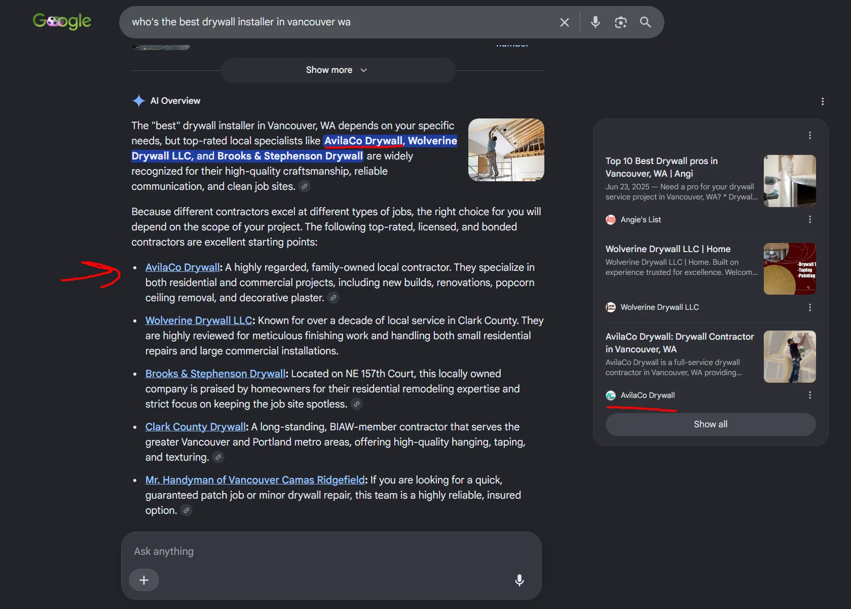 Google AI Overview from an incognito search for best drywall installer in Vancouver WA, listing Savo Group client AvilaCo Drywall first and describing their popcorn ceiling removal and decorative plaster services