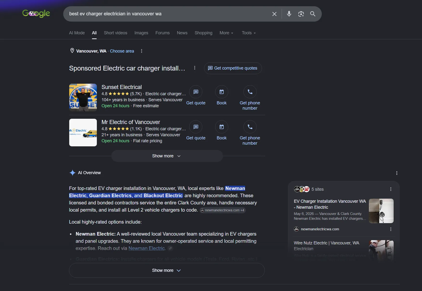 Google AI Overview from an incognito search for best EV charger electrician in Vancouver WA, recommending Savo Group client Newman Electric for licensed, permitted EV charger installation in Clark County