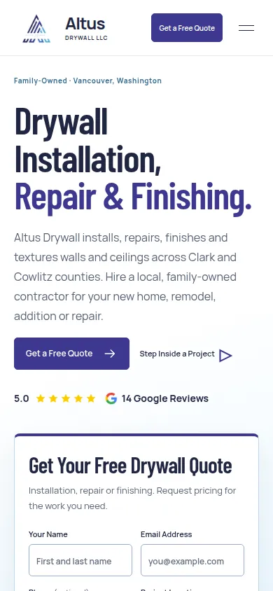 The new Altus Drywall site on a phone, with the service headline, quote button and Google rating on the first screen