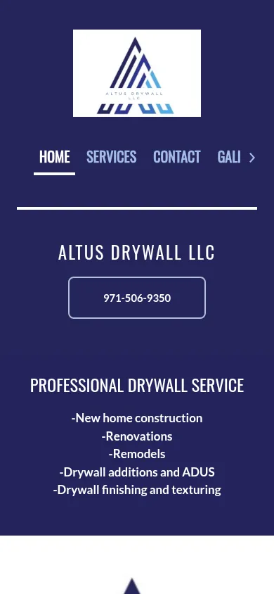The old Altus Drywall site on a phone, with the navigation menu cut off at the right edge
