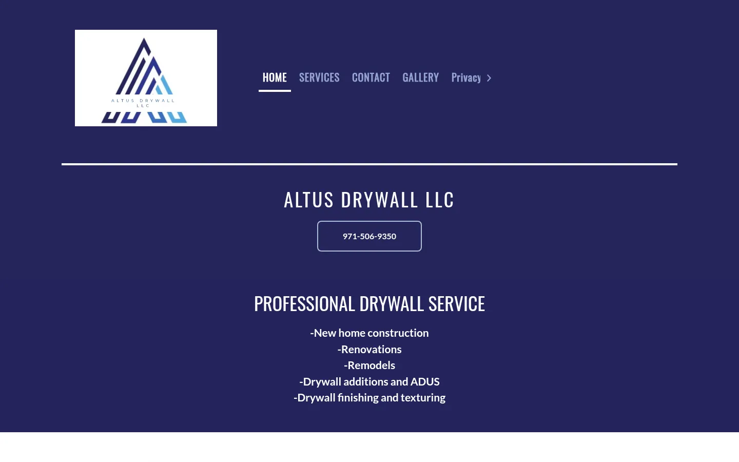 The old Altus Drywall GoDaddy homepage: a logo, a phone number button and a bulleted list of drywall services on a navy background
