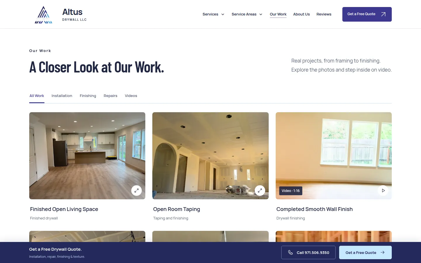 Altus Drywall Our Work page with filters for installation, finishing, repairs and videos above photos of finished rooms