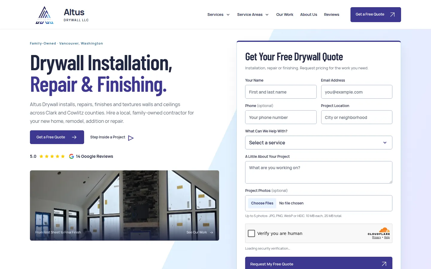 Altus Drywall homepage: drywall installation, repair and finishing in Vancouver, WA, with a free quote form