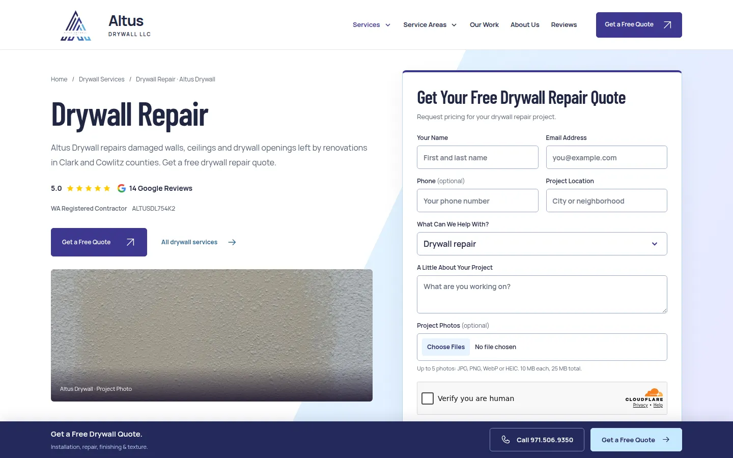 Altus Drywall drywall repair service page with a job photo and a quote form