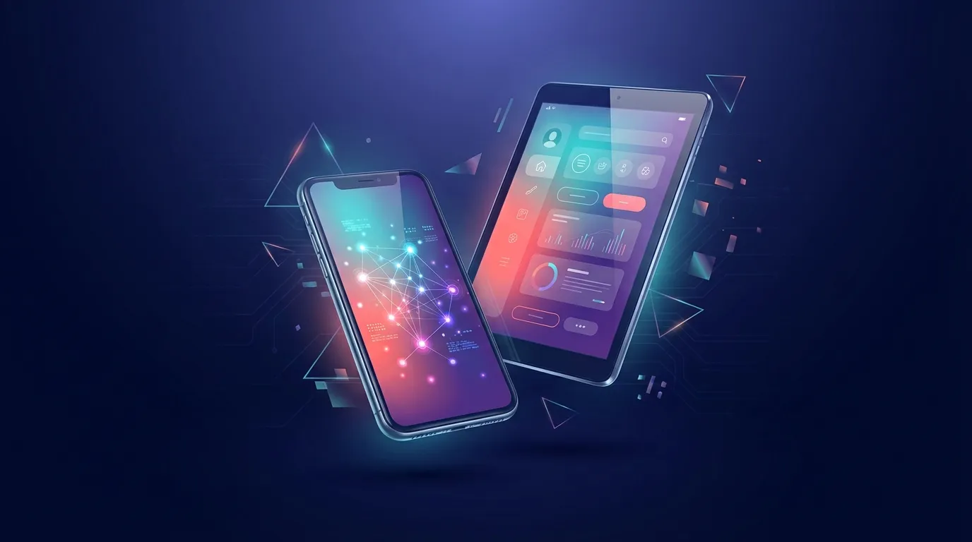 Mobile app development showing smartphone and tablet interfaces with modern app designs