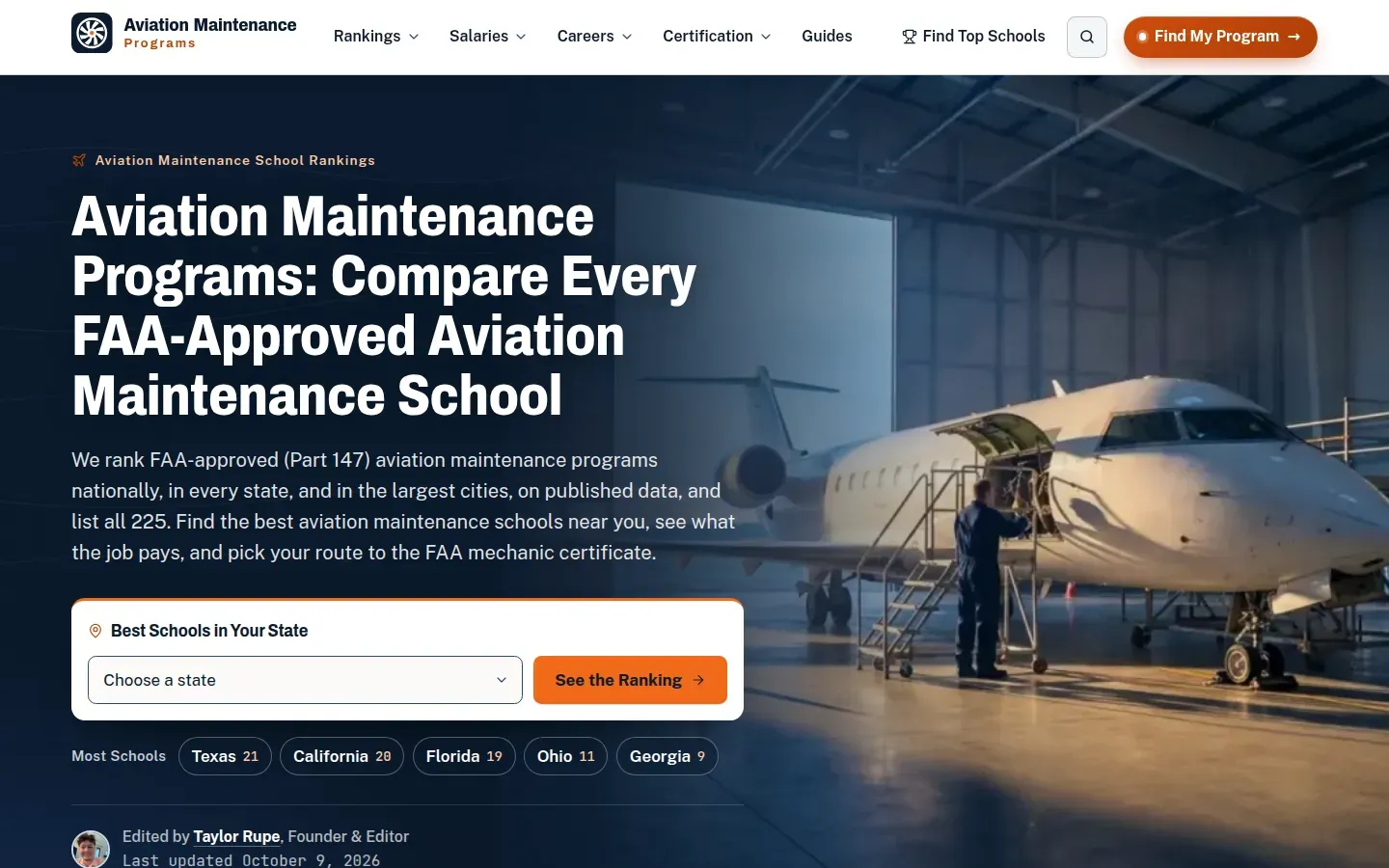 Aviation Maintenance Programs homepage with a mechanic working on a jet in a hangar, a state selector, and the headline comparing FAA-approved schools