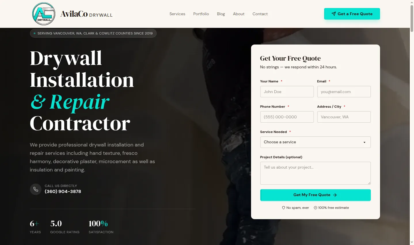 AvilaCo Drywall homepage, custom drywall contractor website built by Savo Group