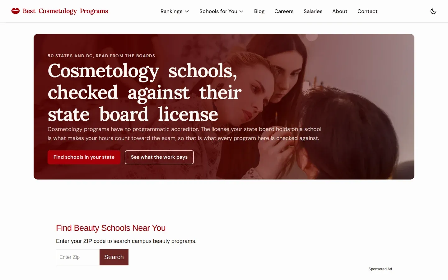 Best Cosmetology Programs homepage introducing state board school records and state-by-state school comparisons