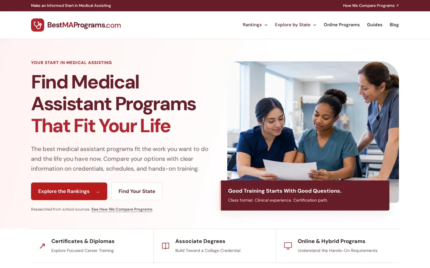 Best MA Programs homepage with medical assistant training routes, state search, and a classroom illustration