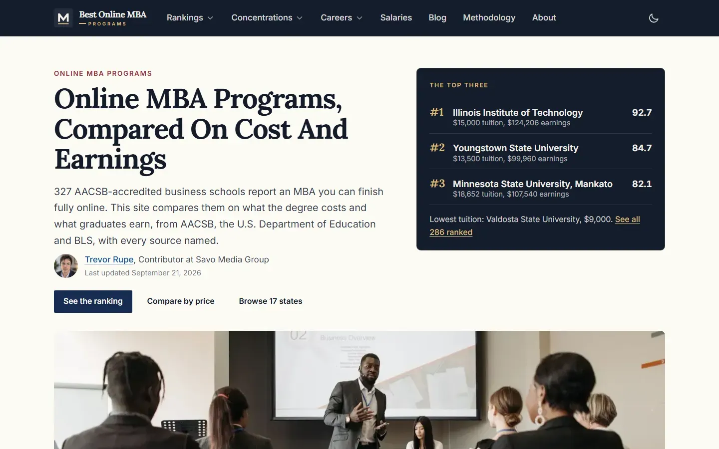 Best Online MBA Programs homepage with the headline Online MBA Programs, Compared On Cost And Earnings, a top-three panel led by Illinois Institute of Technology with a score of 92.7, and buttons to see the ranking and browse 17 states