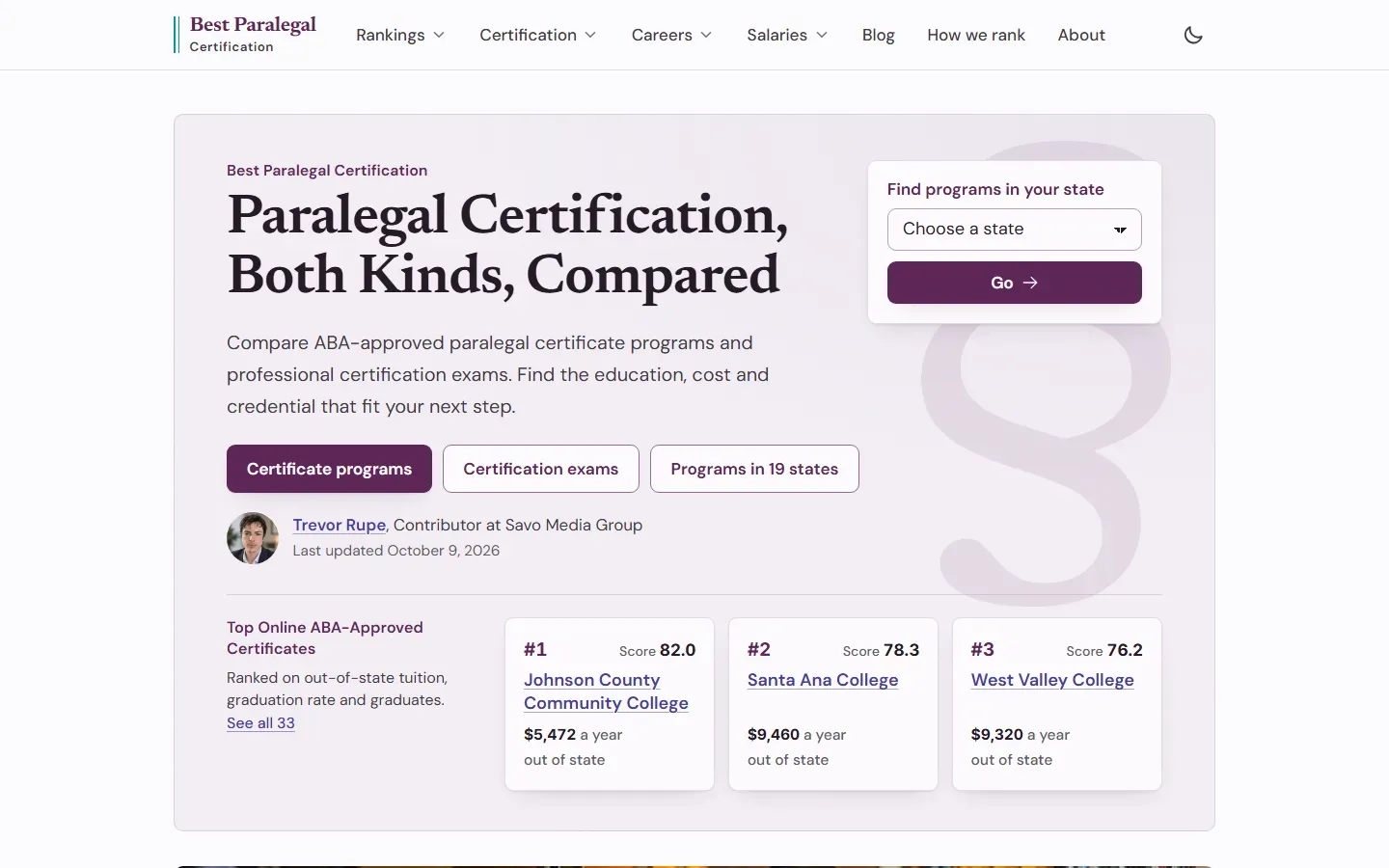 Best Paralegal Certification homepage with the headline Paralegal Certification, Both Kinds, Compared, a state program finder, and the top three online ABA-approved certificates led by Johnson County Community College