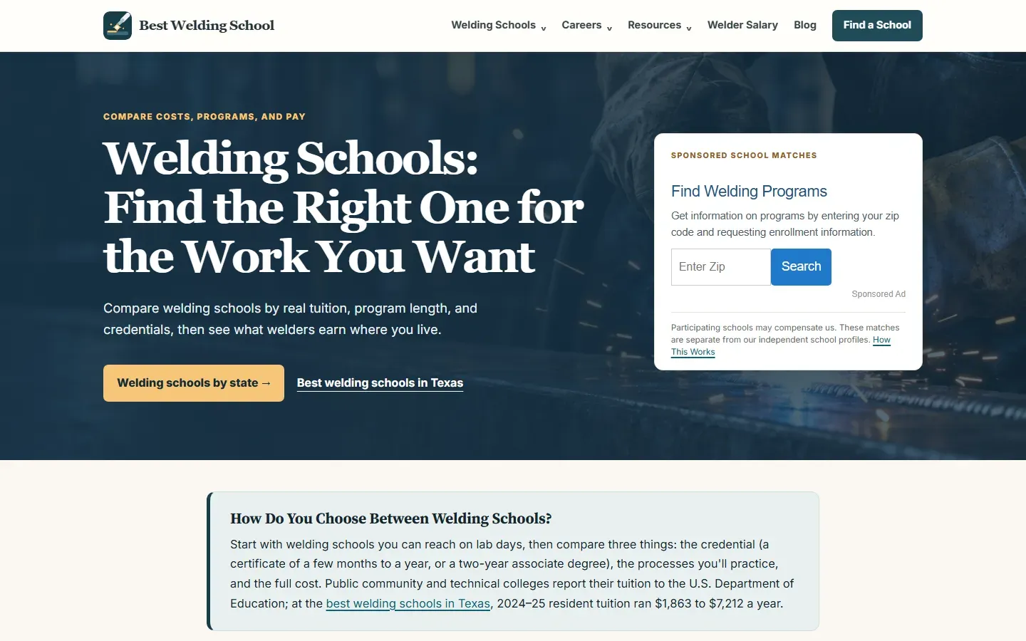 Best Welding School homepage with the headline Welding Schools: Find the Right One for the Work You Want, buttons for welding schools by state and the best welding schools in Texas, and a sponsored ZIP search box