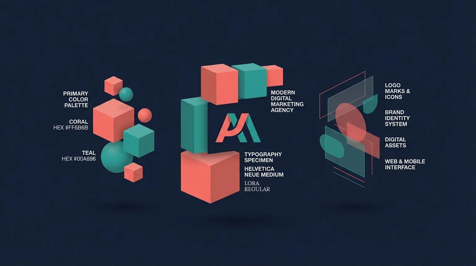 Brand identity elements including color swatches, typography, and design system components arranged in a cohesive layout