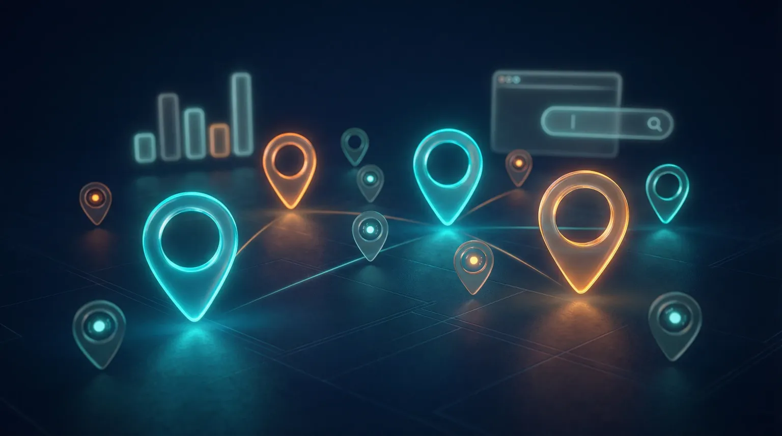 Abstract visualization of local search map pins and data, representing business visibility in local SEO results