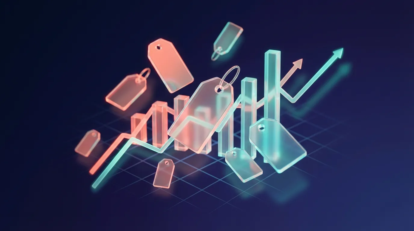 Abstract data visualization with rising charts and price indicators representing SEO cost analysis