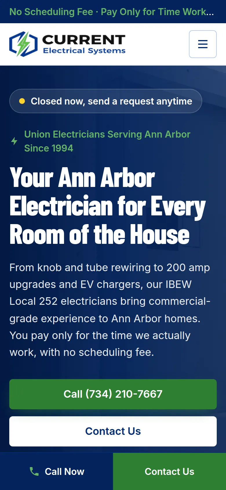 The new Current Electrical Systems site on a phone, with the headline, a call button, a contact button and a sticky Call Now bar
