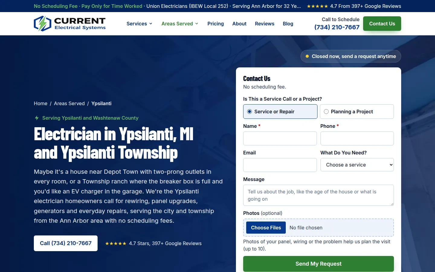 Current Electrical Systems Electrician in Ypsilanti, MI page with a contact form and the Google rating