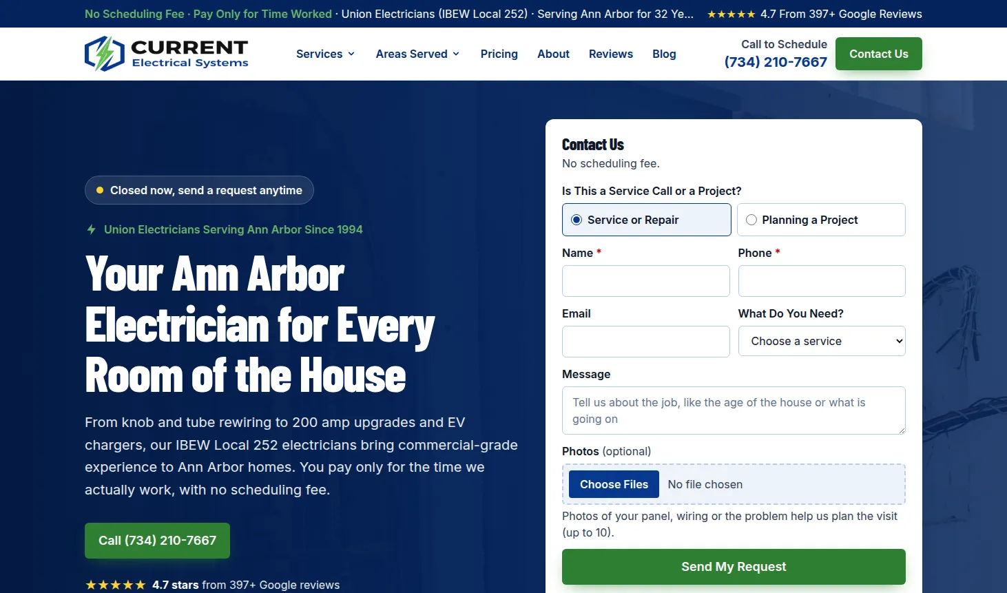 Current Electrical Systems homepage: Ann Arbor electrician for every room of the house, with a contact form and 4.7-star Google rating
