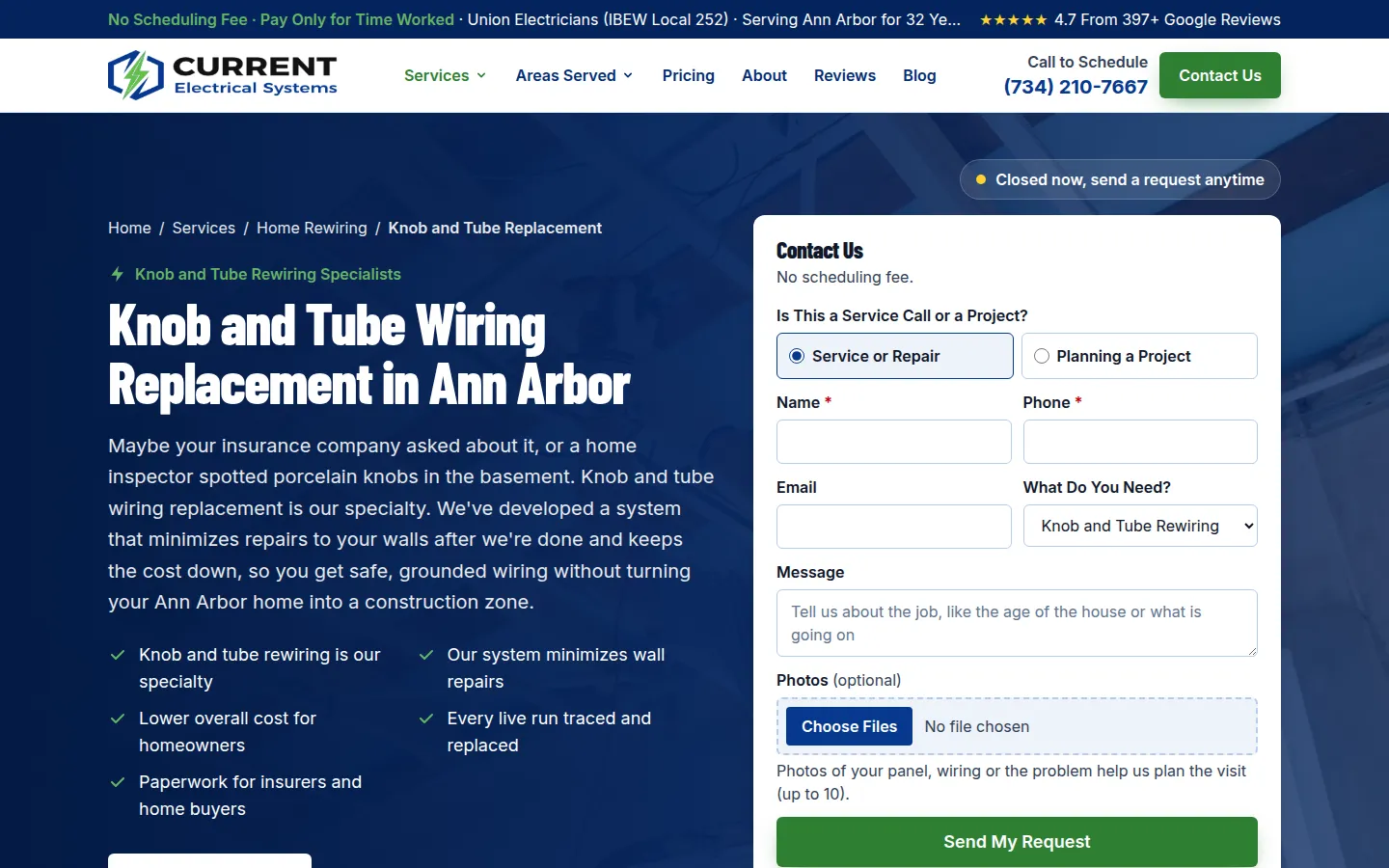 Current Electrical Systems knob and tube wiring replacement page with a contact form preset to knob and tube rewiring