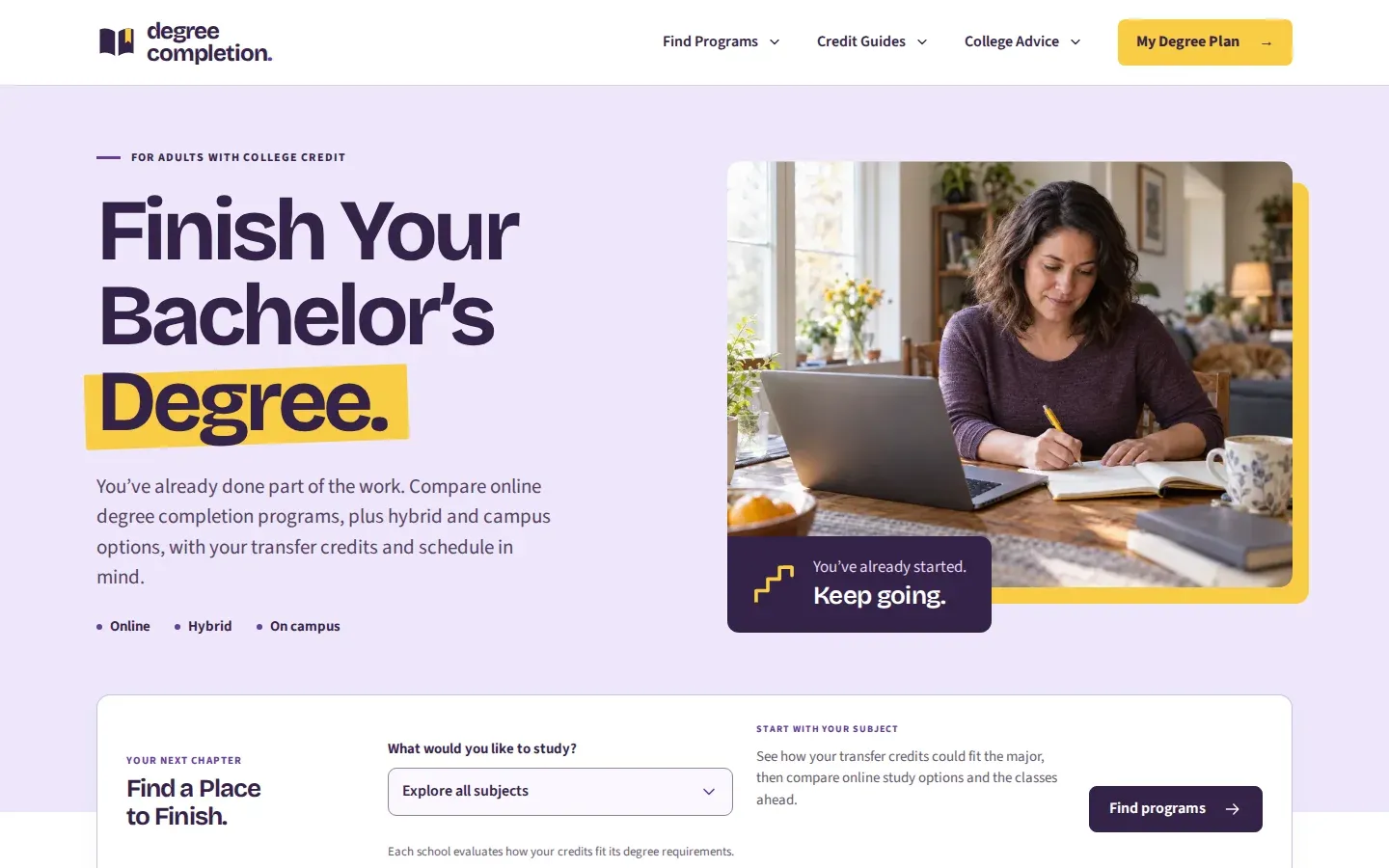 DegreeCompletion.com homepage with an adult learner, a subject finder, and bachelor’s completion pathways