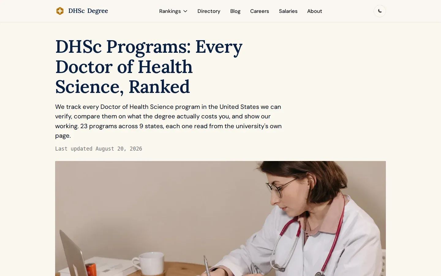 DHSc Degree homepage introducing verified Doctor of Health Science programs, online options, and its university research process