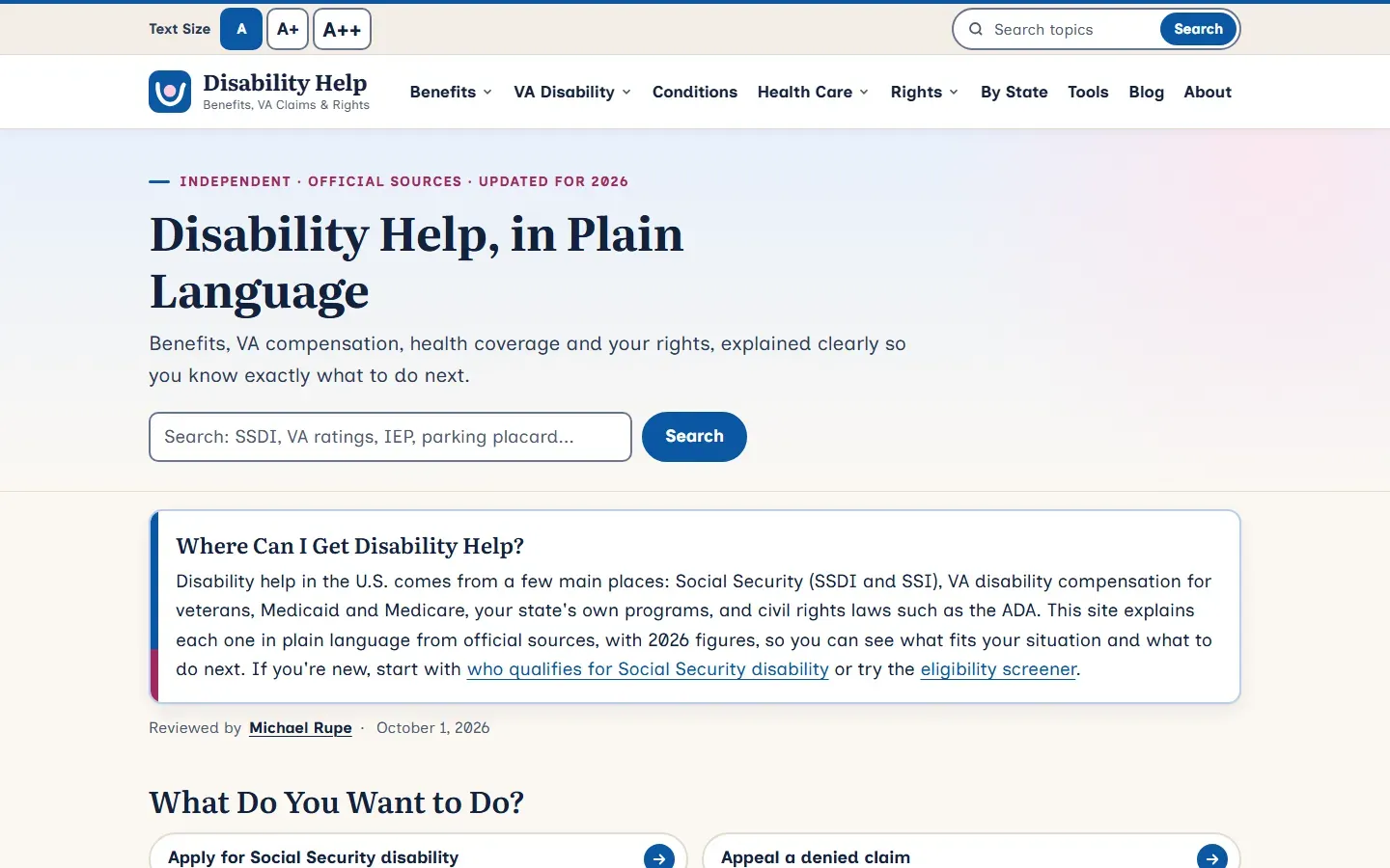 Disability Help homepage with the headline Disability Help, in Plain Language, a topic search box, text size controls, and an answer box on where to get disability help