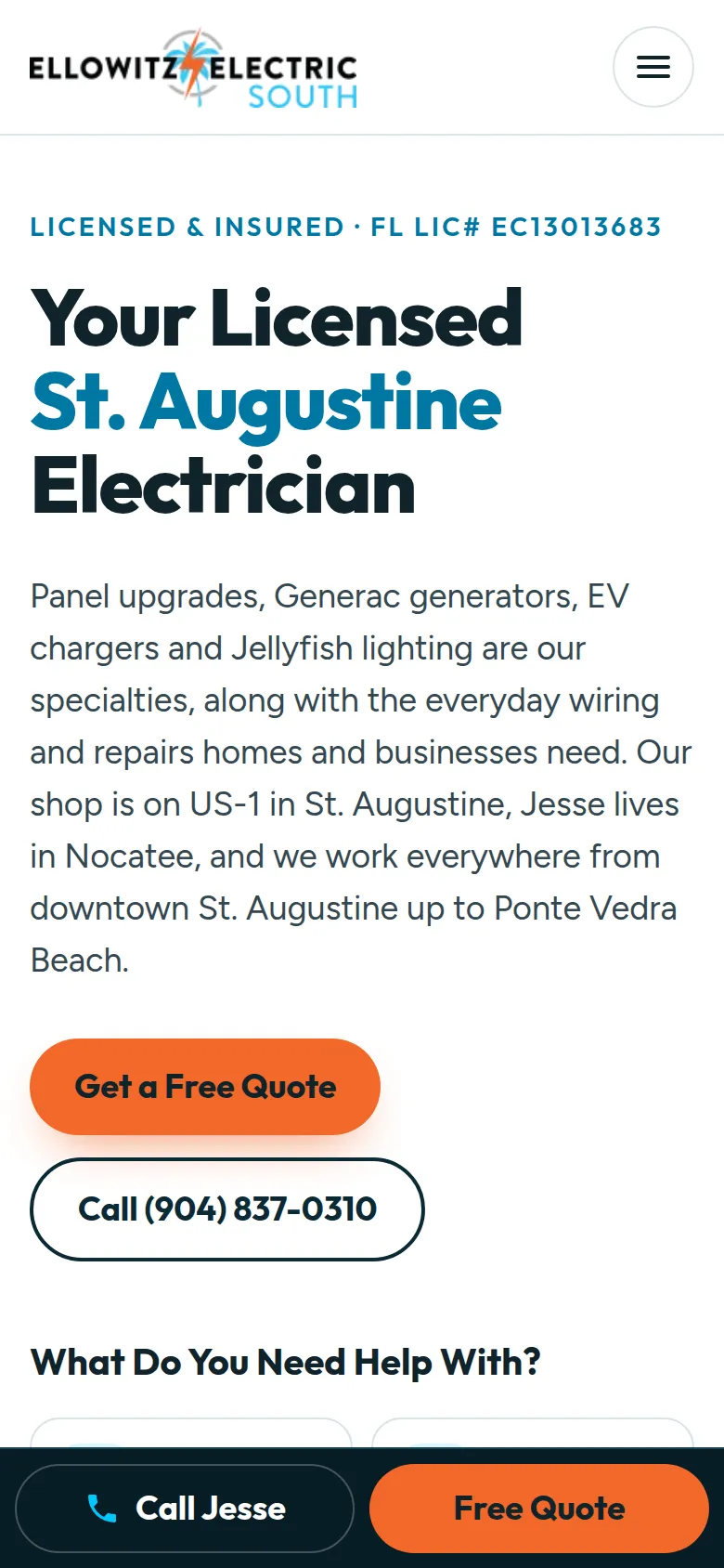 The Ellowitz Electric South homepage on a phone, with the St. Augustine headline and large quote and call buttons