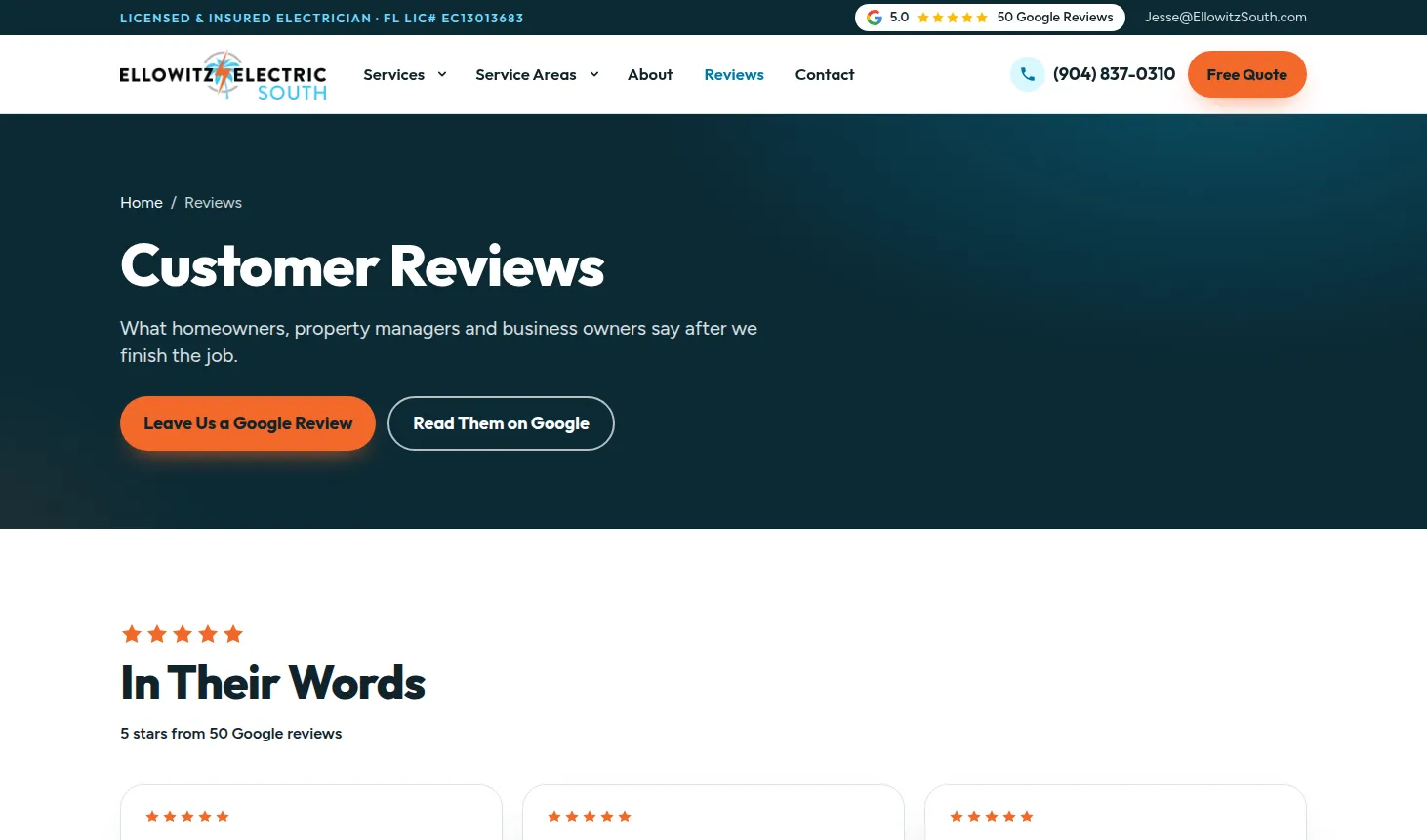 Ellowitz Electric South customer reviews page showing 5 stars from 50 Google reviews