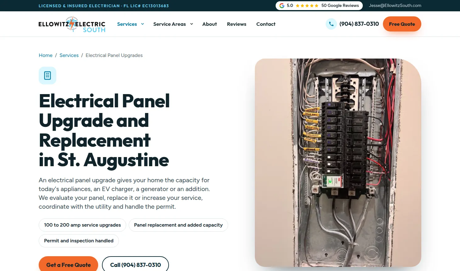 Ellowitz Electric South electrical panel upgrade and replacement page for St. Augustine with a photo of an open panel