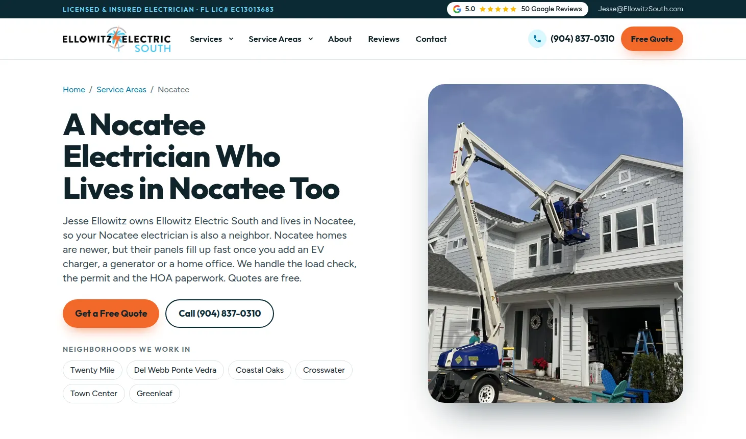 Ellowitz Electric South Nocatee electrician page: A Nocatee Electrician Who Lives in Nocatee Too, with neighborhood names and a photo of a crew on a lift