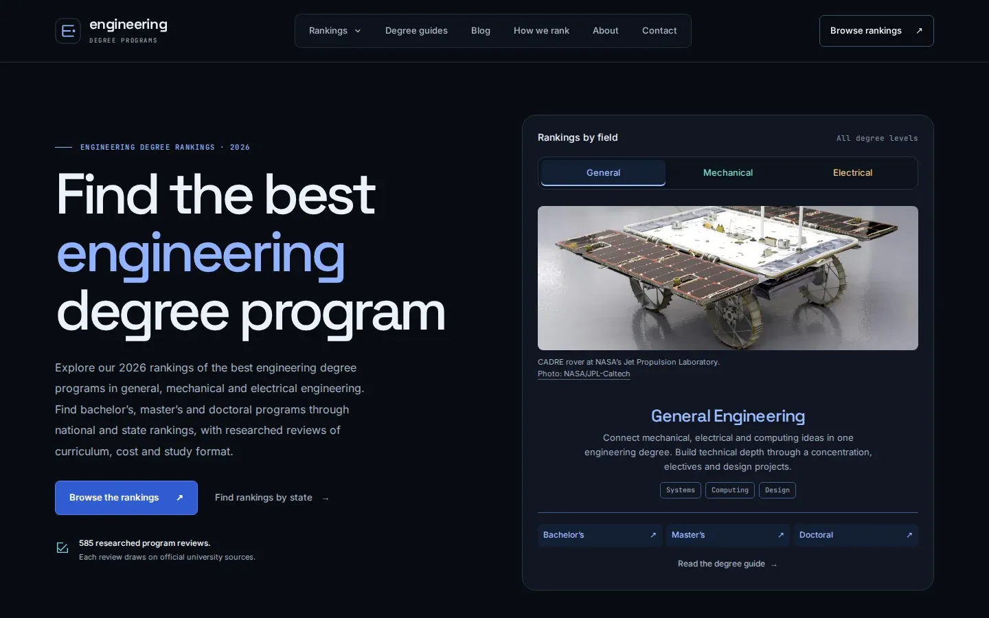 Engineering Degree Programs homepage with a field explorer, NASA rover photograph, and degree-level ranking links