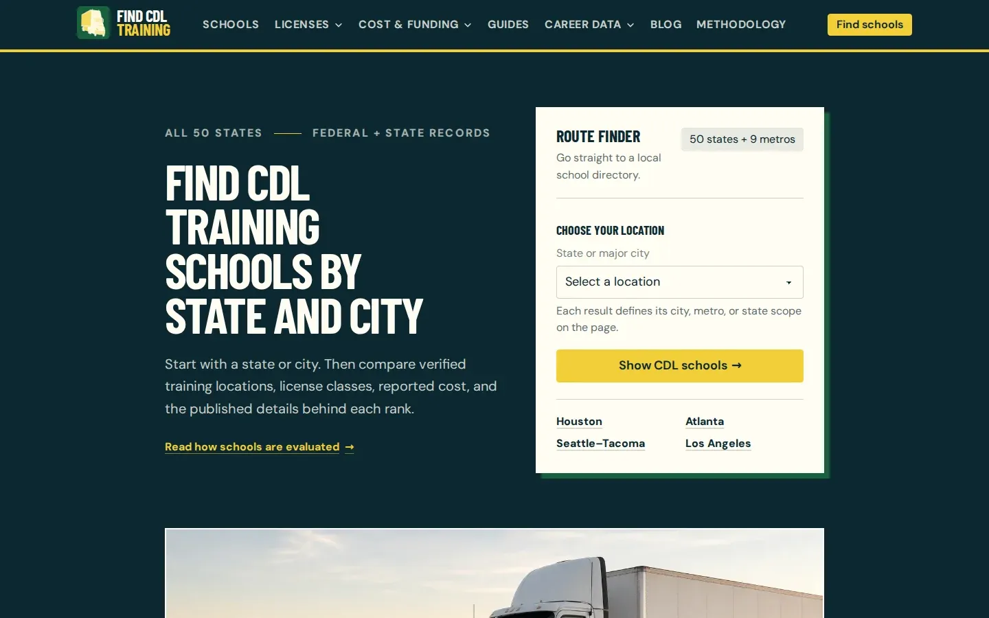 Find CDL Training homepage with a state and city route finder and links to local school directories