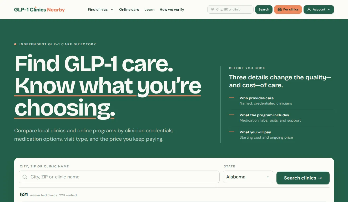 GLP-1 Clinics Nearby verified healthcare directory homepage