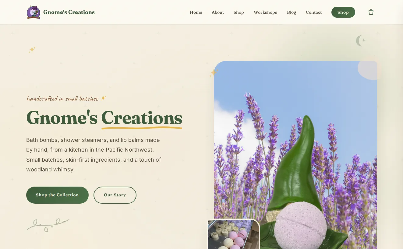 Gnome's Creations homepage hero with a gnome figurine in a lavender field, hand-drawn doodles, and a honey-gold underline in the headline