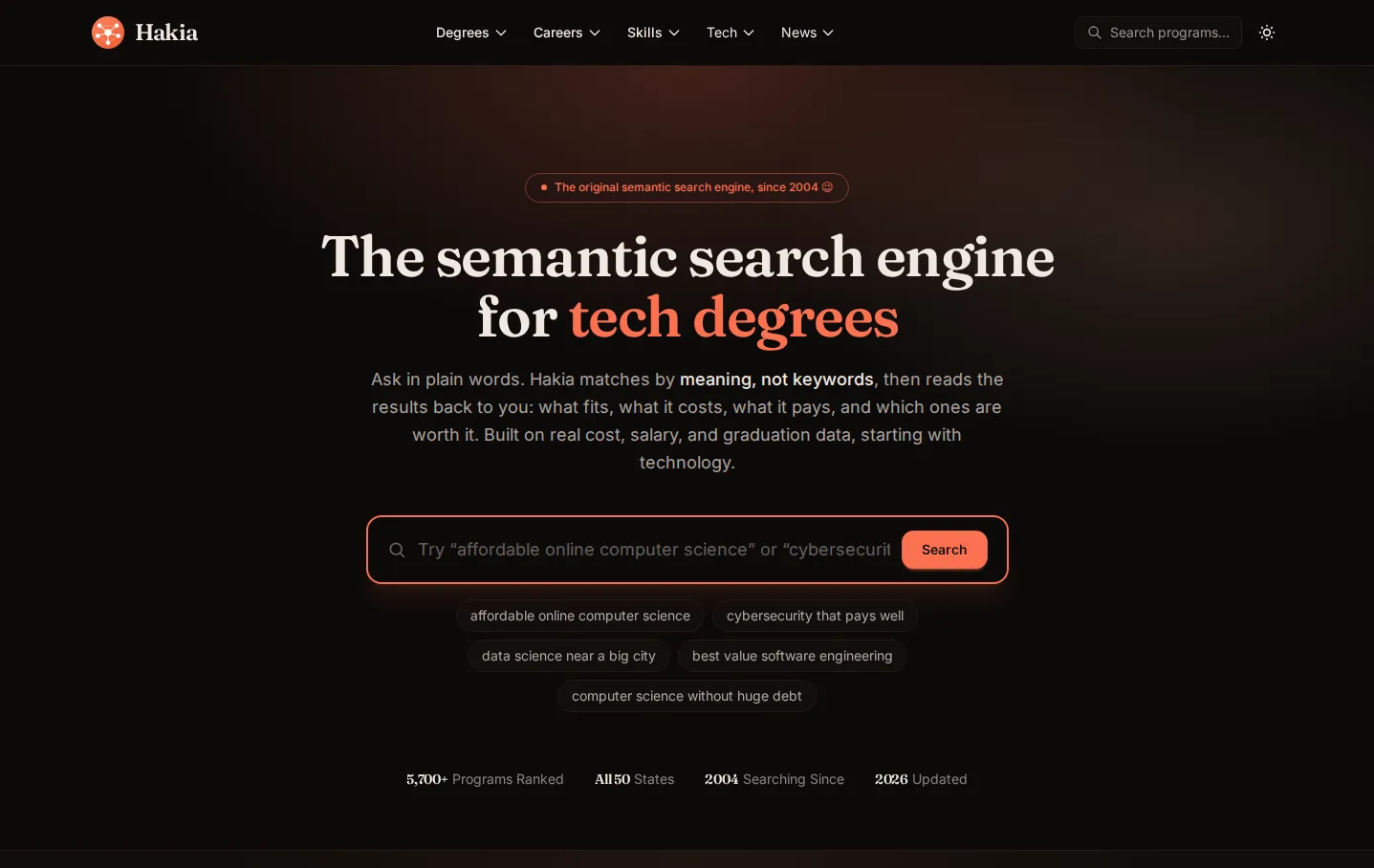 Hakia semantic search engine for degree programs homepage