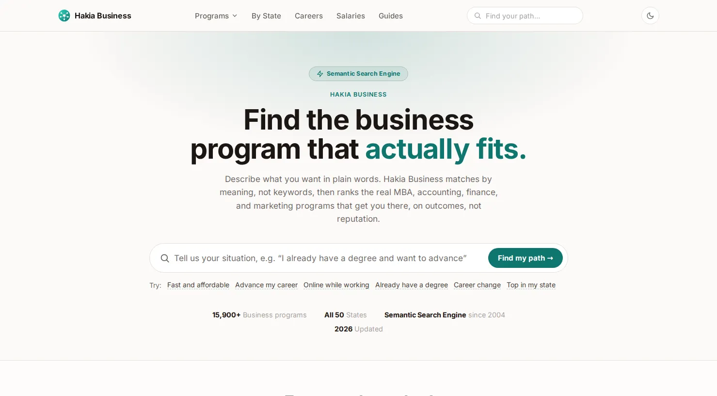 Hakia Business semantic search engine for business degree programs homepage