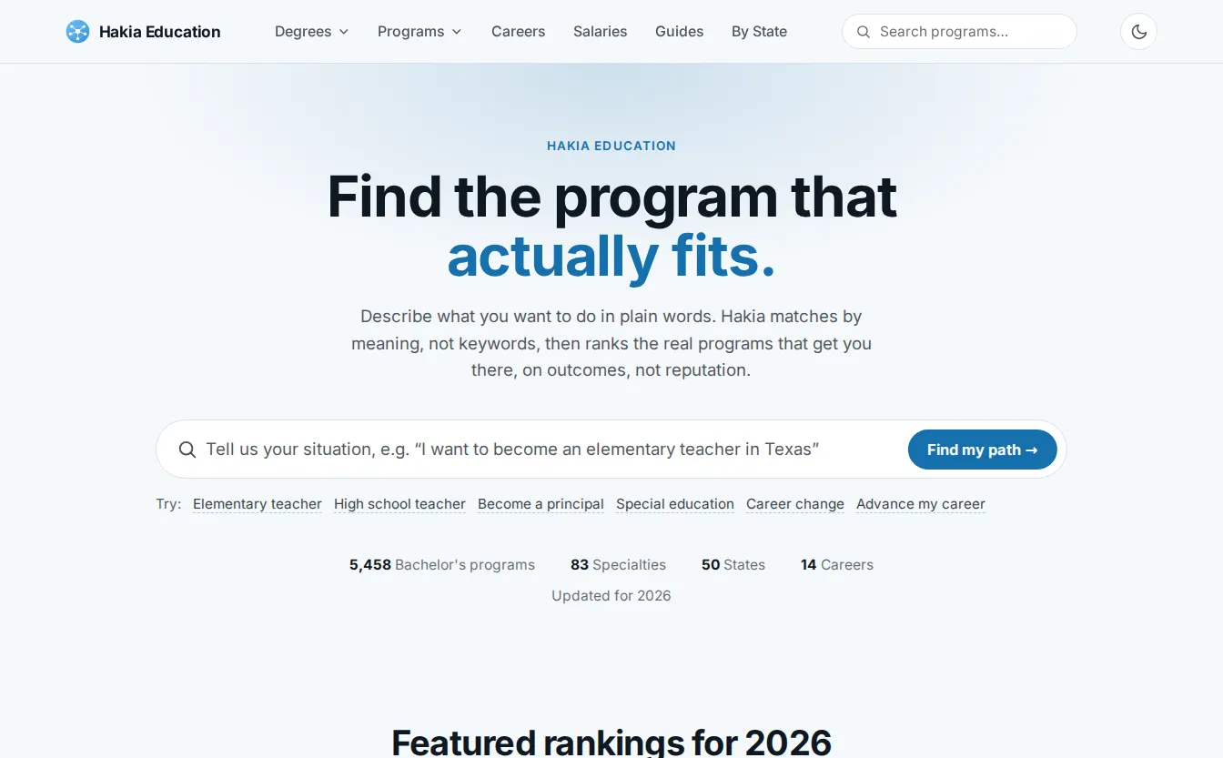 Hakia Education semantic search engine for teaching degree programs homepage