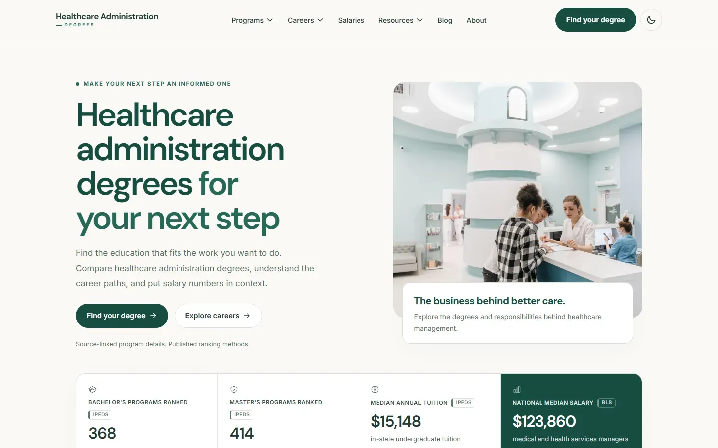 Healthcare Administration Degrees homepage with the headline Healthcare administration degrees for your next step, a hospital reception photo, and figures for 368 bachelor's programs ranked, 414 master's programs ranked, $15,148 median annual tuition, and $123,860 national median salary