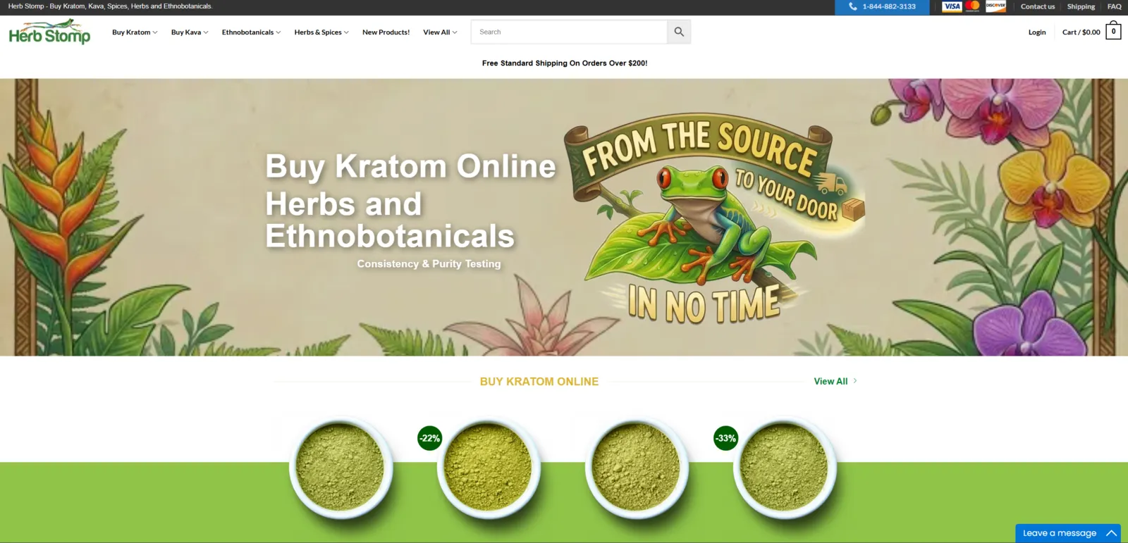 Herb Stomp's old homepage: a stock WooCommerce theme with a clip-art botanical banner and discount stickers