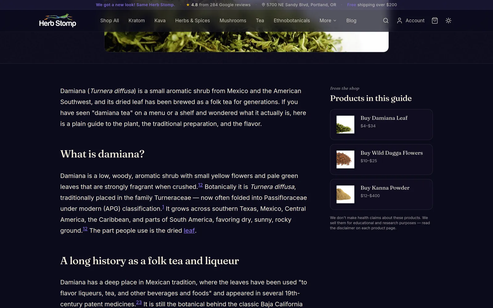 Herb Stomp damiana tea guide with a sticky Products in this guide panel listing the products the article mentions