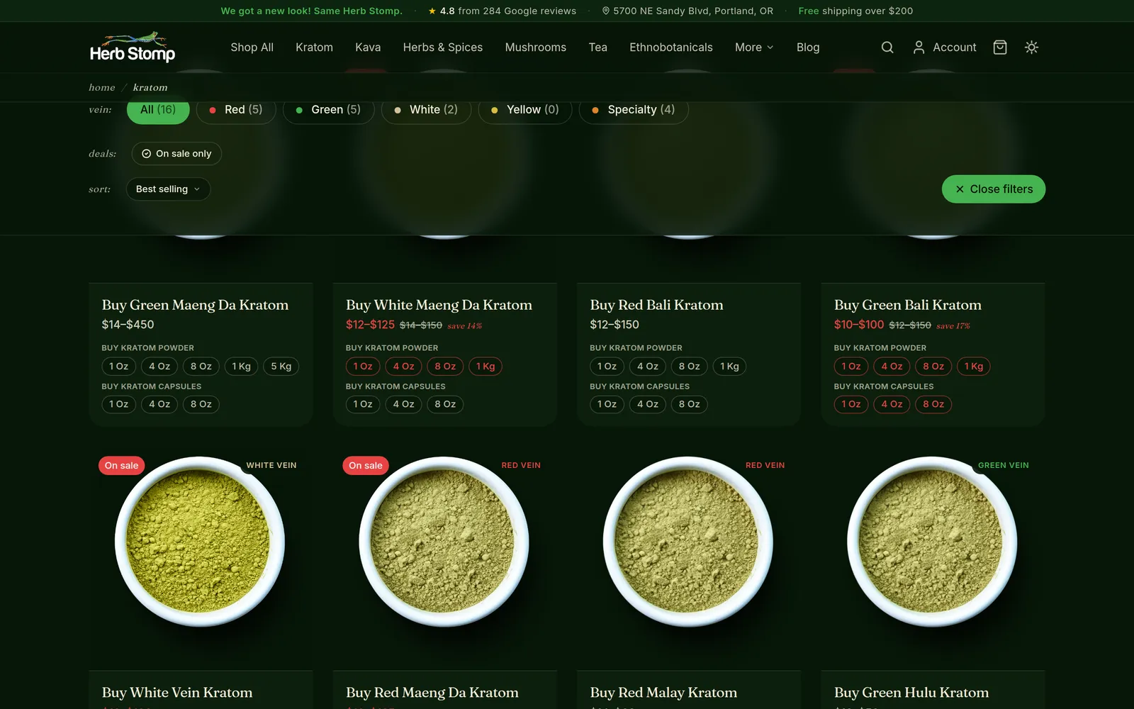 Herb Stomp kratom category page showing vein filters and product grid with inline size and format options