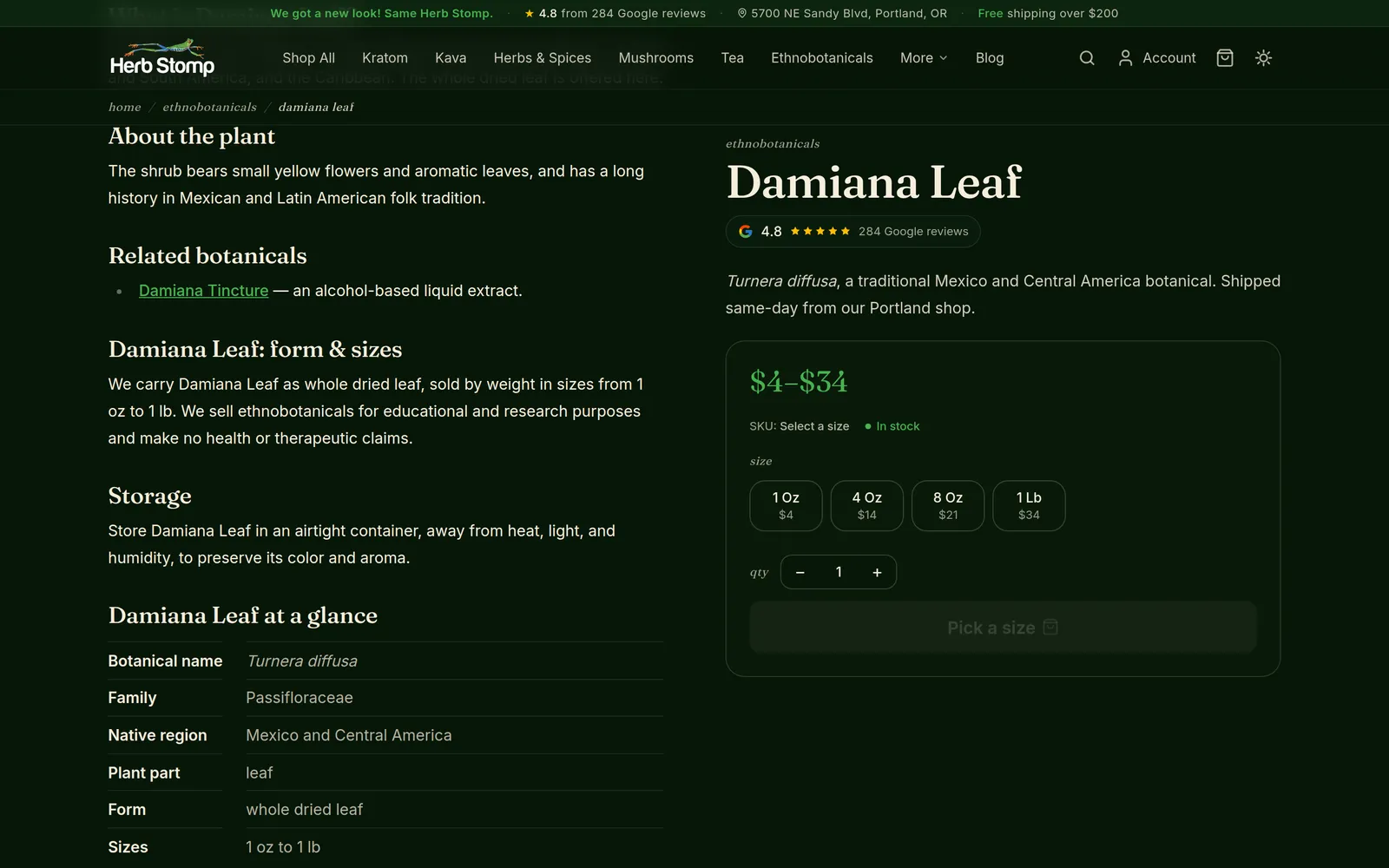 Herb Stomp Damiana Leaf product page, scrolled down, with the price and size selector staying pinned beside the long-form description